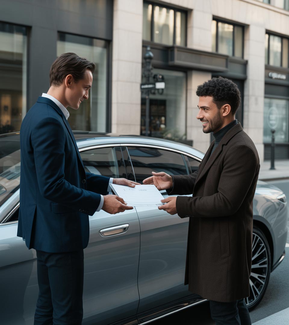 Zwei Männer übergeben Unterlagen neben einem geparkten Auto in Ulm