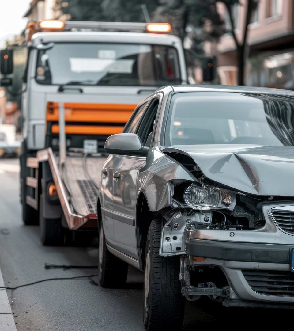 Unfallwagenankauf Ulm: Beschädigtes Auto wird nach dem Unfall per Abschleppwagen abgeholt.